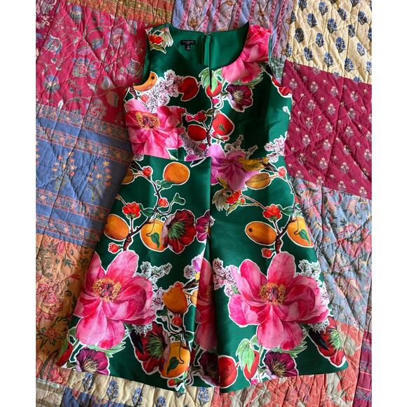 Talbots Vibrant Green Fruit Floral Print A Line Pleated Midi Dress 4 Petite - Picture 5 of 9